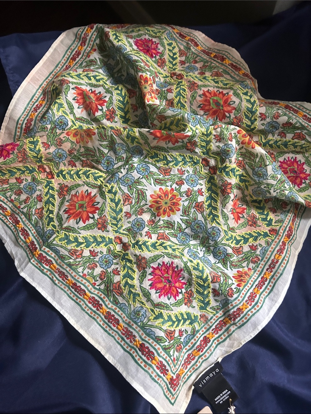 Vismaya Multicolor Floral Cotton Scerf with Embroidery Green Vine Motif
